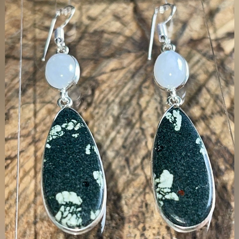 Rainbow Moonstone & Chinese Writing Rock Earrings 2 1/2”